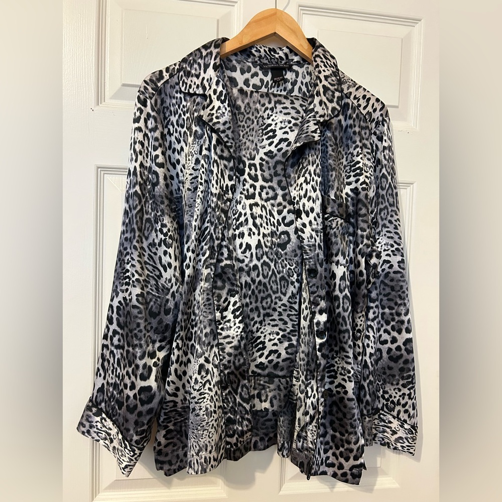 Victoria’s Secret snow leopard satin pajama set, top and bottoms.